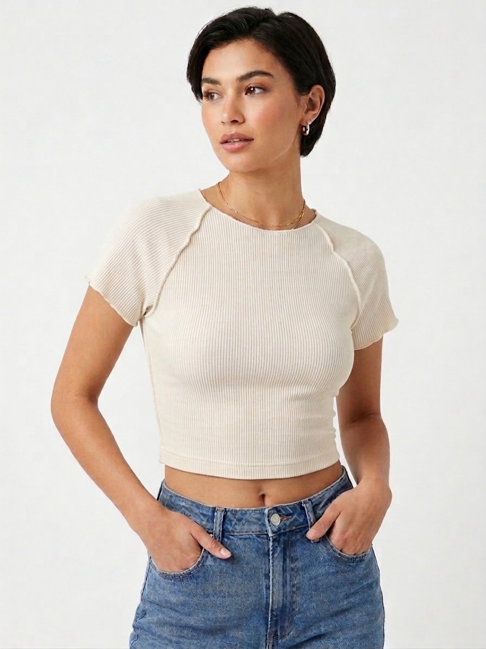 Zenana Outfitters S/M Cream Ribbed Short Sleeve Crop Top